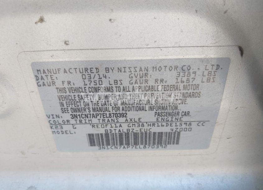 Photo 9 of 2014 Nissan Versa 1.6 SV (VIN 3N1CN7AP7EL870392)