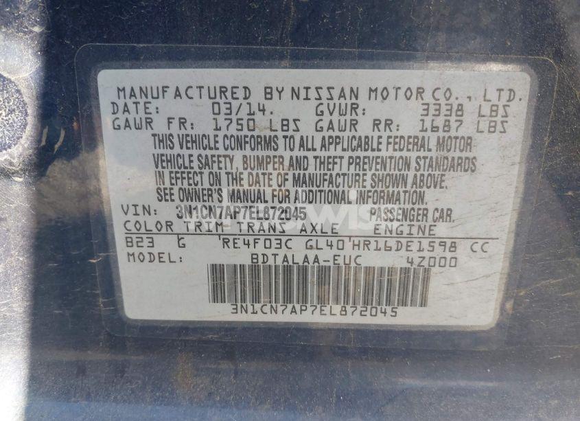 Photo 9 of 2014 Nissan Versa 1.6 S (VIN 3N1CN7AP7EL872045)