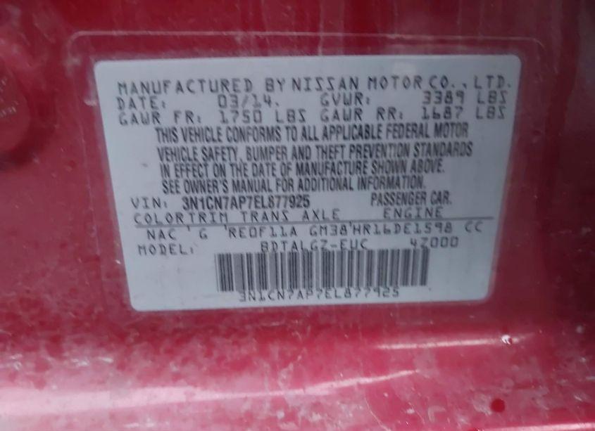 Photo 9 of 2014 Nissan Versa 1.6 SL (VIN 3N1CN7AP7EL877925)