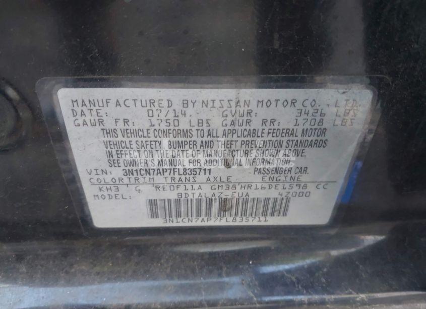 Photo 9 of 2015 Nissan Versa 1.6 S+ (VIN 3N1CN7AP7FL835711)