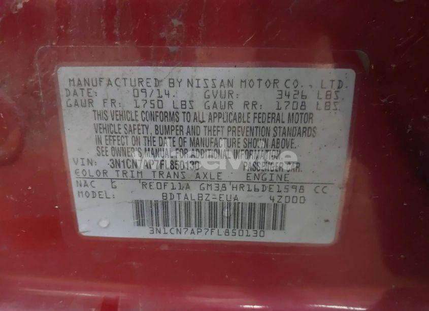 Photo 9 of 2015 Nissan Versa 1.6 S/1.6 S+/1.6 SL/1.6 SV (VIN 3N1CN7AP7FL850130)