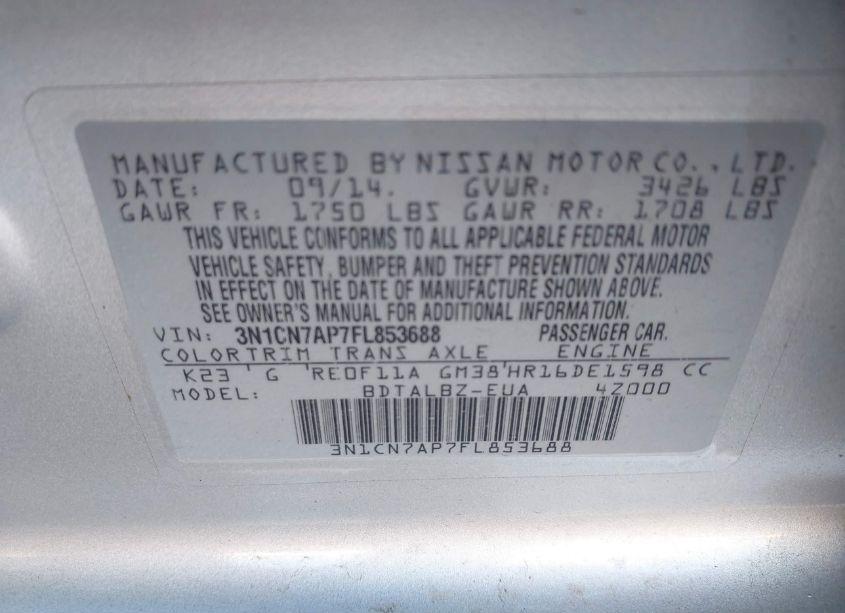 Photo 9 of 2015 Nissan Versa 1.6 SV (VIN 3N1CN7AP7FL853688)