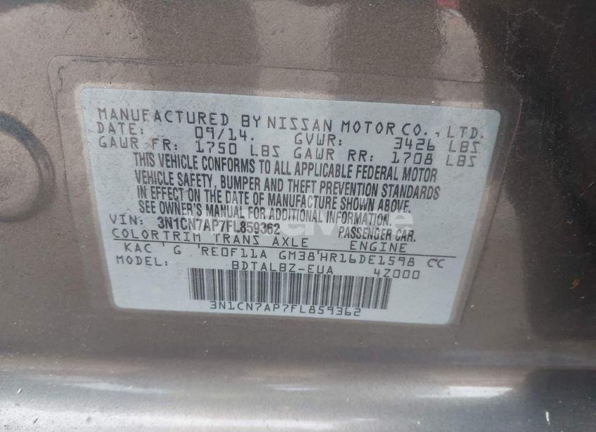 Photo 9 of 2015 Nissan Versa 1.6 S/1.6 S+/1.6 SL/1.6 SV (VIN 3N1CN7AP7FL859362)