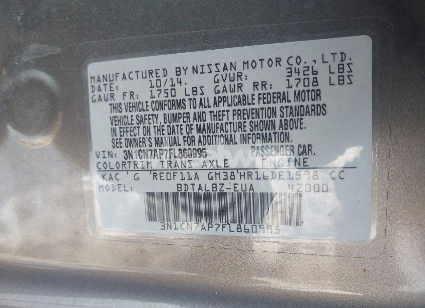 Photo 9 of 2015 Nissan Versa 1.6 SV (VIN 3N1CN7AP7FL860995)