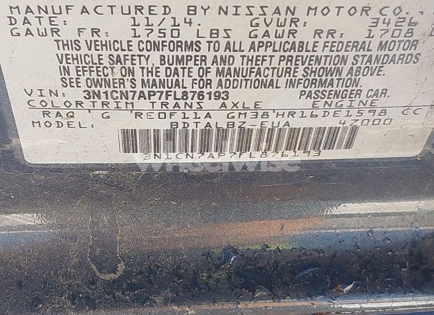 Photo 9 of 2015 Nissan Versa 1.6 SV (VIN 3N1CN7AP7FL876193)