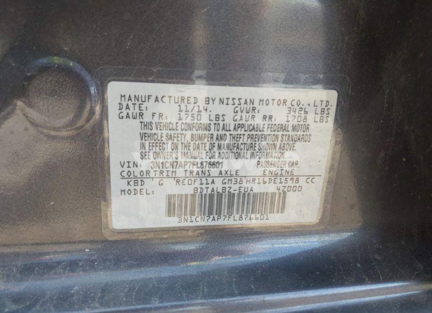 Photo 9 of 2015 Nissan Versa 1.6 SV (VIN 3N1CN7AP7FL876601)