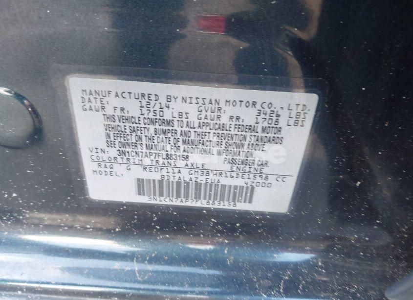 Photo 9 of 2015 Nissan Versa 1.6 S+ (VIN 3N1CN7AP7FL883158)