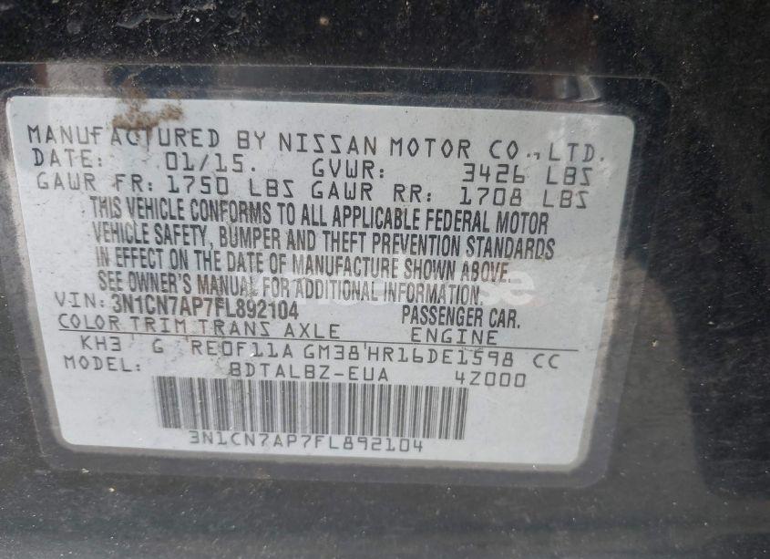 Photo 9 of 2015 Nissan Versa 1.6 SV (VIN 3N1CN7AP7FL892104)