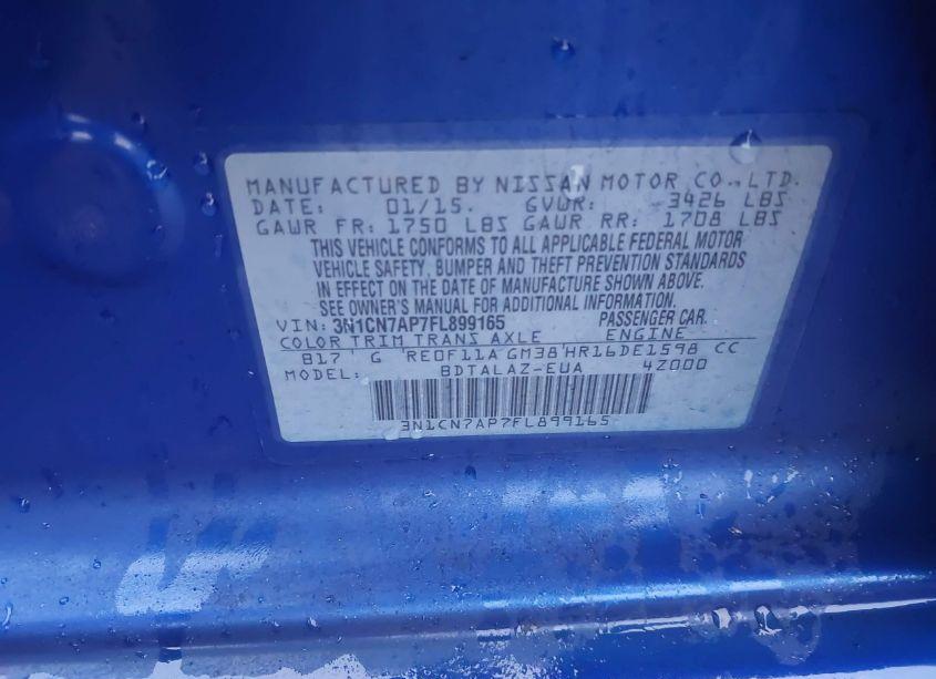 Photo 9 of 2015 Nissan Versa 1.6 S+ (VIN 3N1CN7AP7FL899165)