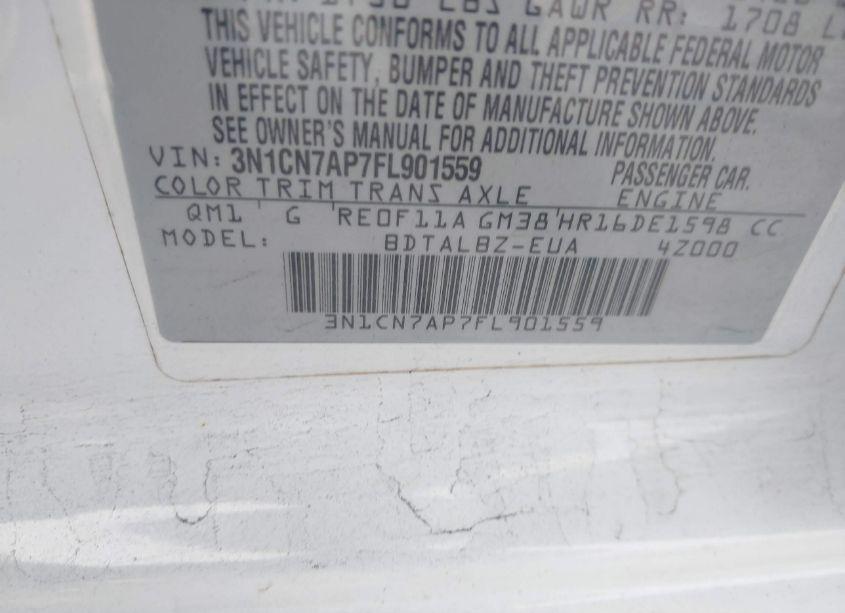 Photo 9 of 2015 Nissan Versa 1.6 SV (VIN 3N1CN7AP7FL901559)