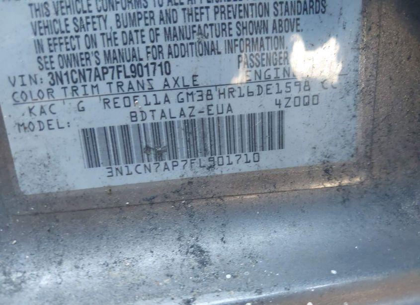 Photo 9 of 2015 Nissan Versa 1.6 S+ (VIN 3N1CN7AP7FL901710)