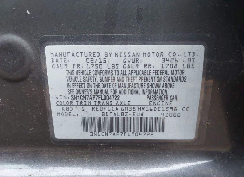 Photo 9 of 2015 Nissan Versa 1.6 SV (VIN 3N1CN7AP7FL904722)