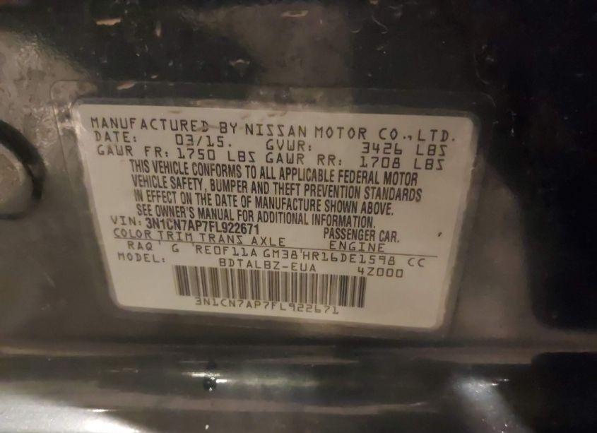 Photo 9 of 2015 Nissan Versa 1.6 SV (VIN 3N1CN7AP7FL922671)