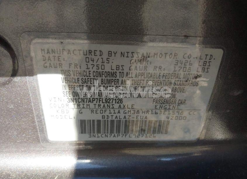 Photo 9 of 2015 Nissan Versa 1.6 S+ (VIN 3N1CN7AP7FL927126)