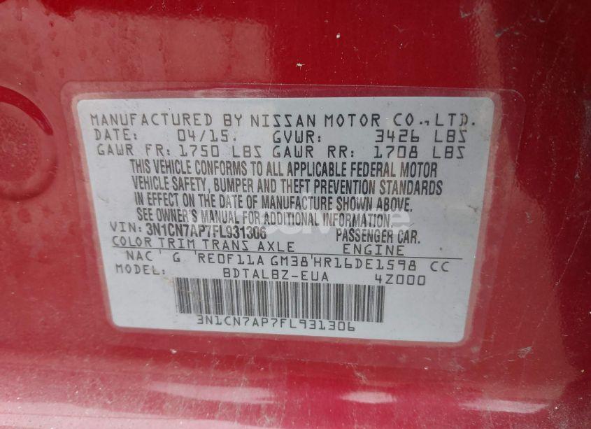 Photo 9 of 2015 Nissan Versa 1.6 SV (VIN 3N1CN7AP7FL931306)