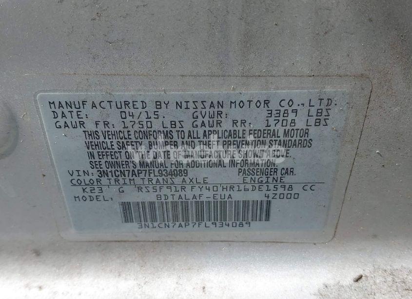 Photo 9 of 2015 Nissan Versa 1.6 S (VIN 3N1CN7AP7FL934089)