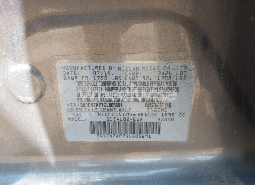 Photo 9 of 2016 Nissan Versa 1.6 S/1.6 S+/1.6 SL/1.6 SV (VIN 3N1CN7AP7GL805691)