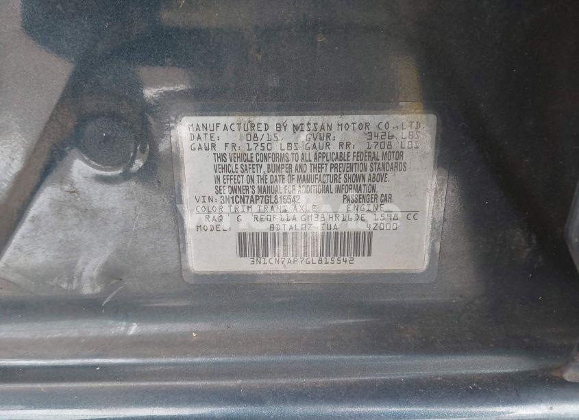 Photo 9 of 2016 Nissan Versa 1.6 S/1.6 S+/1.6 SL/1.6 SV (VIN 3N1CN7AP7GL815542)