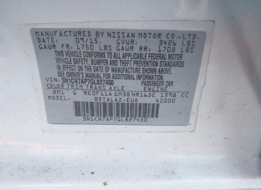 Photo 9 of 2016 Nissan Versa 1.6 S+ (VIN 3N1CN7AP7GL827450)