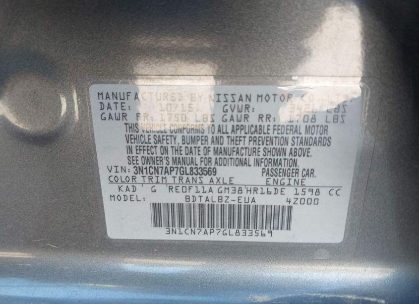 Photo 9 of 2016 Nissan Versa 1.6 S/1.6 S+/1.6 SL/1.6 SV (VIN 3N1CN7AP7GL833569)