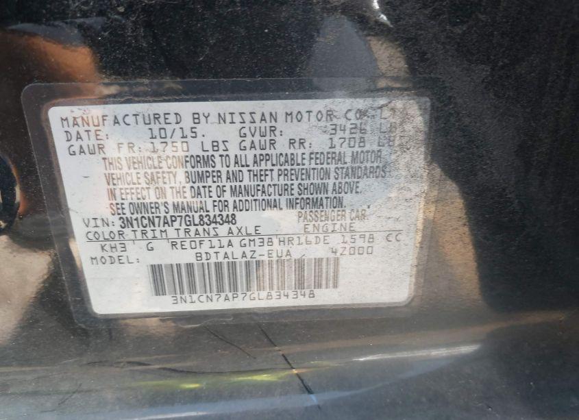 Photo 9 of 2016 Nissan Versa 1.6 S+ (VIN 3N1CN7AP7GL834348)