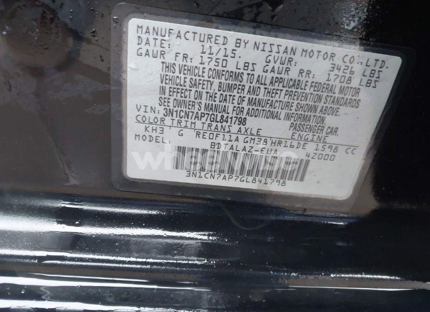 Photo 9 of 2016 Nissan Versa 1.6 S+ (VIN 3N1CN7AP7GL841798)