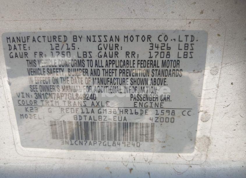 Photo 9 of 2016 Nissan Versa 1.6 SV (VIN 3N1CN7AP7GL849240)