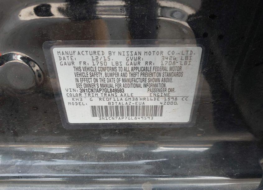 Photo 9 of 2016 Nissan Versa 1.6 S+ (VIN 3N1CN7AP7GL849593)