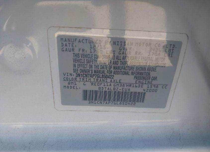 Photo 9 of 2016 Nissan Versa 1.6 S/1.6 S+/1.6 SL/1.6 SV (VIN 3N1CN7AP7GL850422)