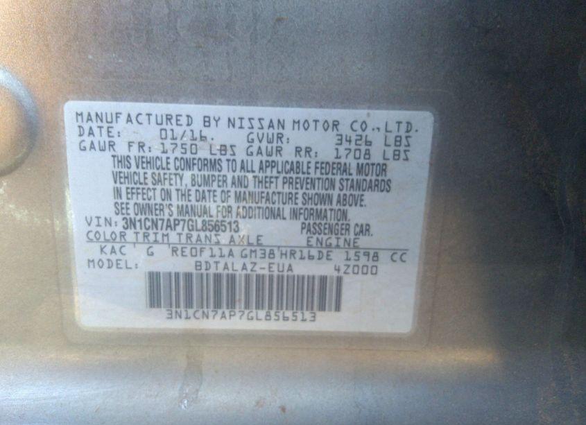 Photo 9 of 2016 Nissan Versa 1.6 S+ (VIN 3N1CN7AP7GL856513)