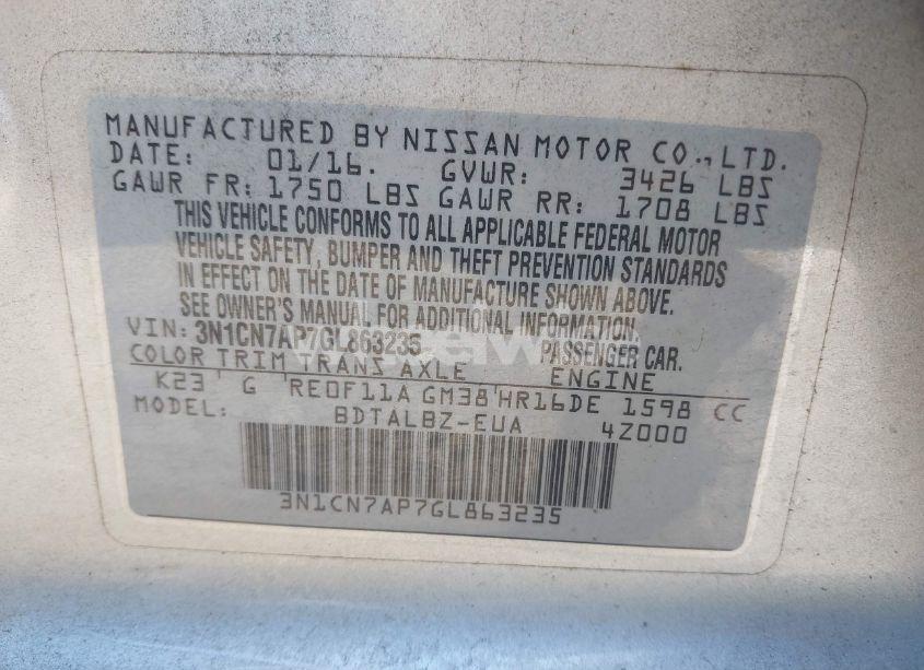 Photo 9 of 2016 Nissan Versa 1.6 S/1.6 S+/1.6 SL/1.6 SV (VIN 3N1CN7AP7GL863235)