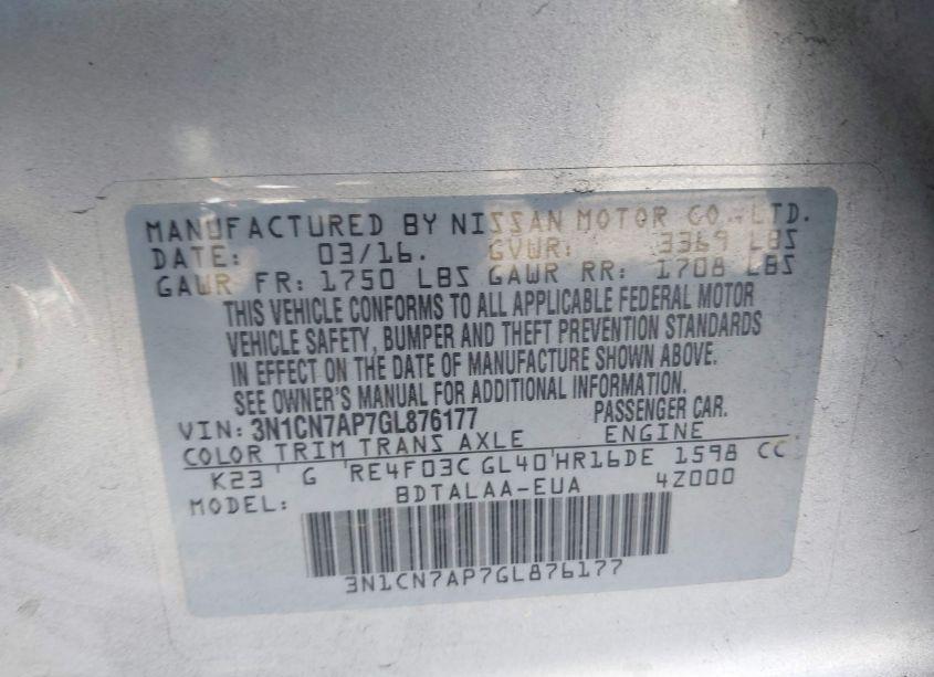 Photo 9 of 2016 Nissan Versa 1.6 S (VIN 3N1CN7AP7GL876177)