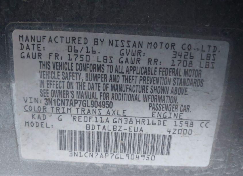 Photo 9 of 2016 Nissan Versa 1.6 S/1.6 S+/1.6 SL/1.6 SV (VIN 3N1CN7AP7GL904950)