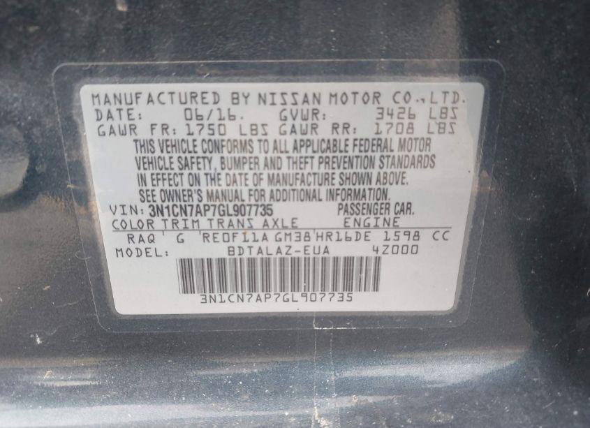 Photo 9 of 2016 Nissan Versa 1.6 S+ (VIN 3N1CN7AP7GL907735)