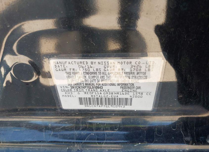 Photo 9 of 2016 Nissan Versa 1.6 SL (VIN 3N1CN7AP7GL910943)