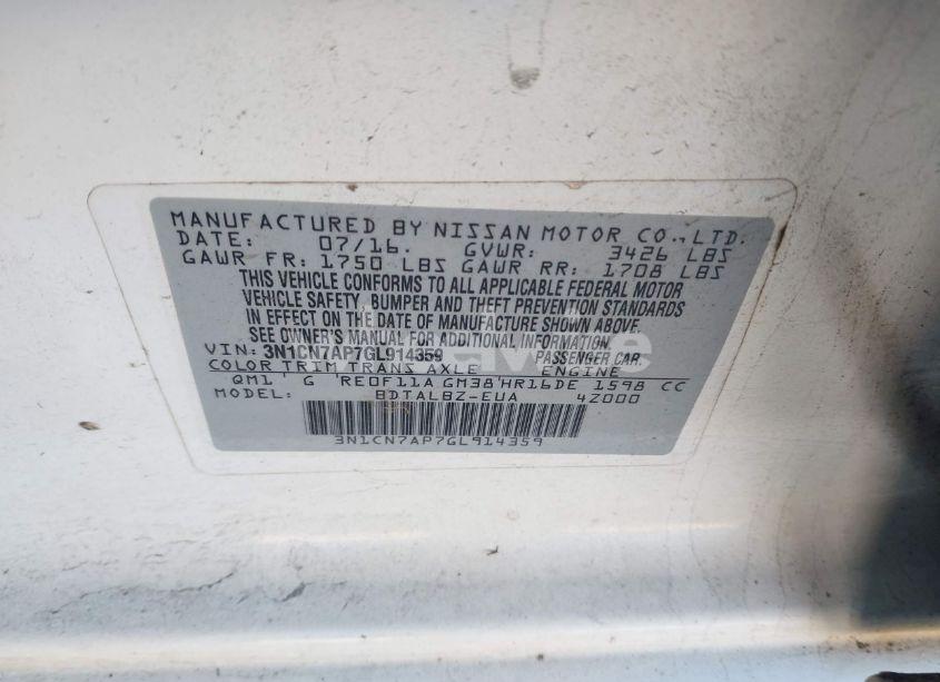 Photo 9 of 2016 Nissan Versa 1.6 SV (VIN 3N1CN7AP7GL914359)