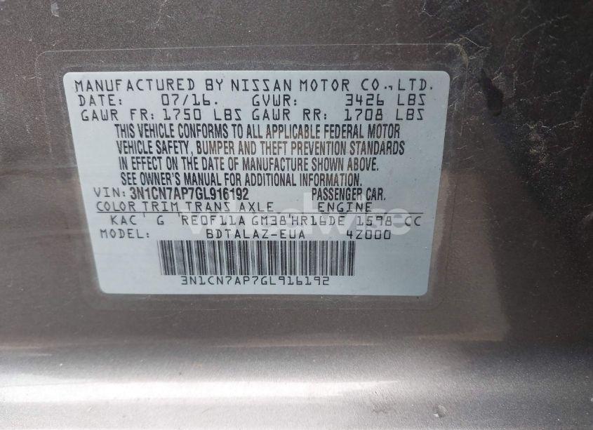 Photo 9 of 2016 Nissan Versa 1.6 S+ (VIN 3N1CN7AP7GL916192)