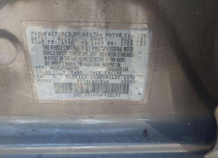 Photo 9 of 2017 Nissan Versa 1.6 SV (VIN 3N1CN7AP7HK430697)