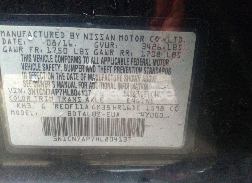 Photo 9 of 2017 Nissan Versa 1.6 SV (VIN 3N1CN7AP7HL804137)