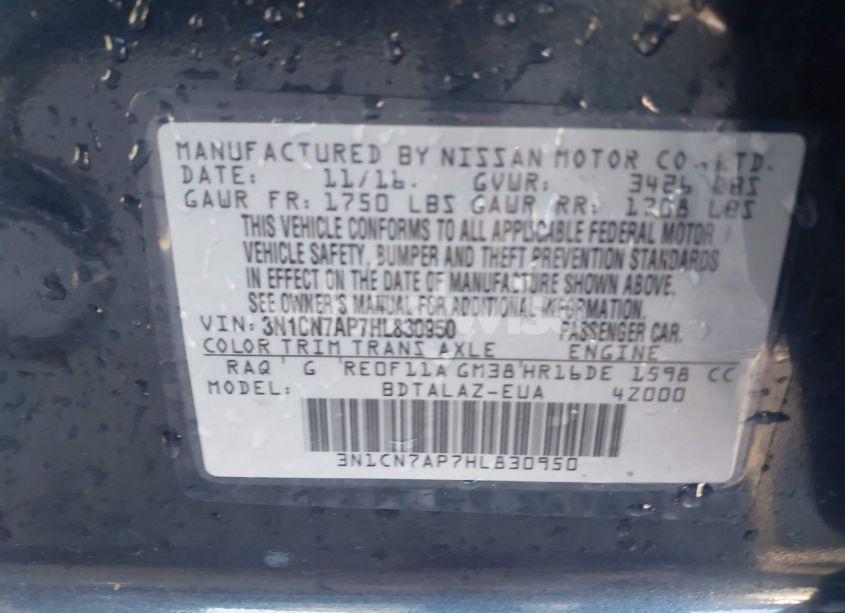 Photo 9 of 2017 Nissan Versa 1.6 S+ (VIN 3N1CN7AP7HL830950)