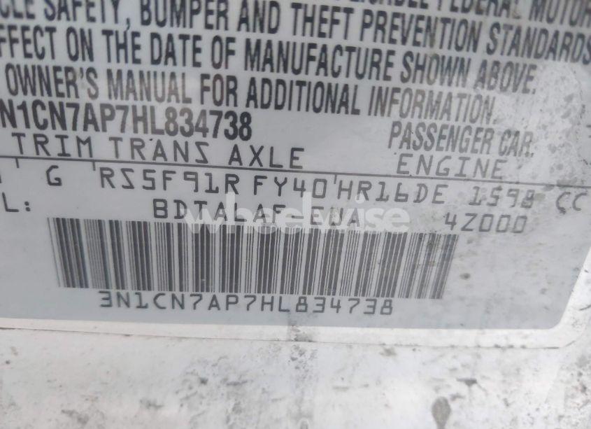 Photo 9 of 2017 Nissan Versa 1.6 S (VIN 3N1CN7AP7HL834738)