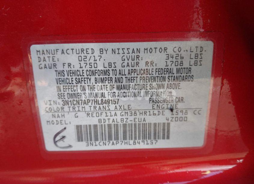 Photo 9 of 2017 Nissan Versa 1.6 SV (VIN 3N1CN7AP7HL849157)