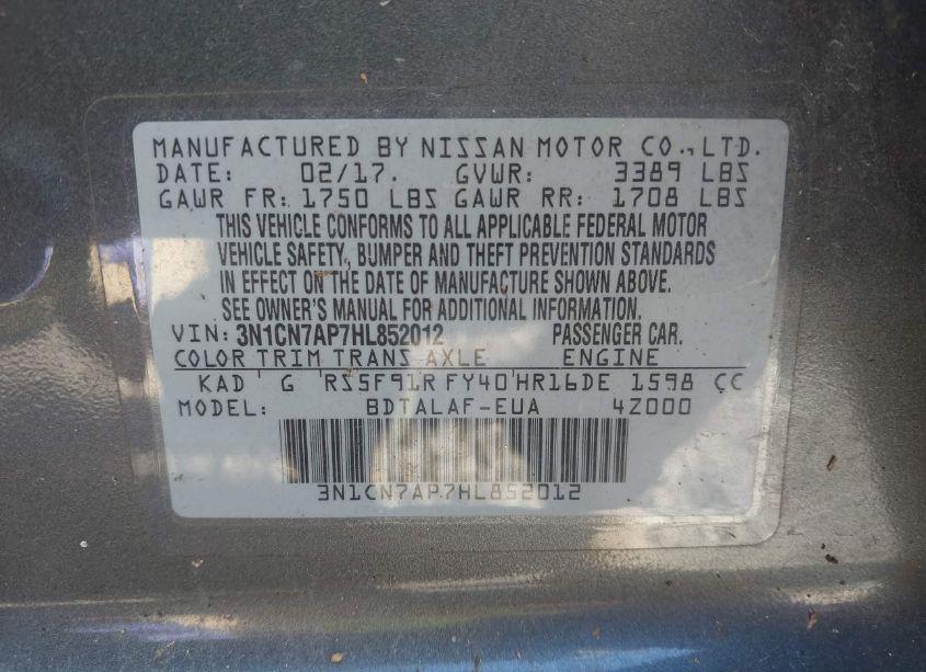 Photo 9 of 2017 Nissan Versa 1.6 S (VIN 3N1CN7AP7HL852012)