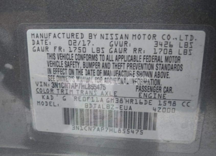 Photo 9 of 2017 Nissan Versa 1.6 SV (VIN 3N1CN7AP7HL855475)