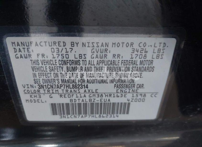 Photo 9 of 2017 Nissan Versa 1.6 SV (VIN 3N1CN7AP7HL862314)