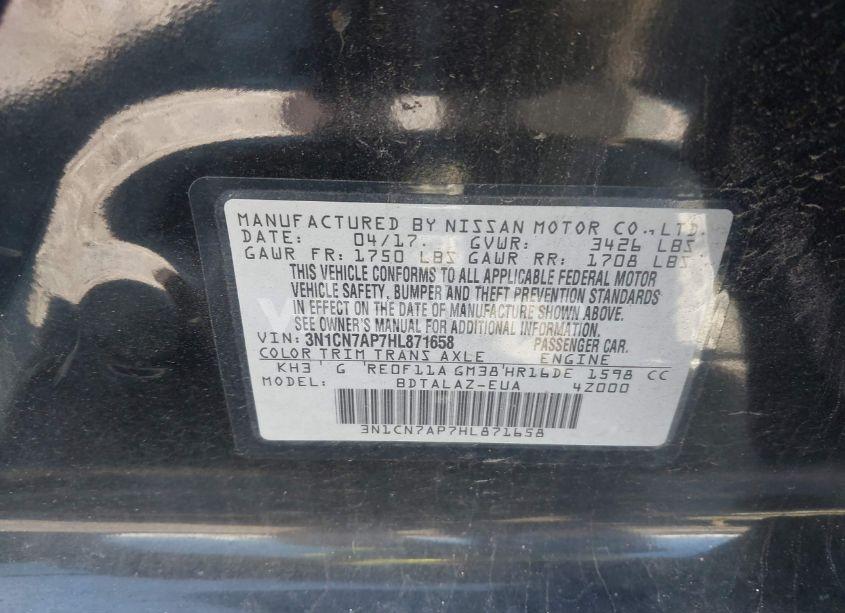 Photo 9 of 2017 Nissan Versa 1.6 S+ (VIN 3N1CN7AP7HL871658)