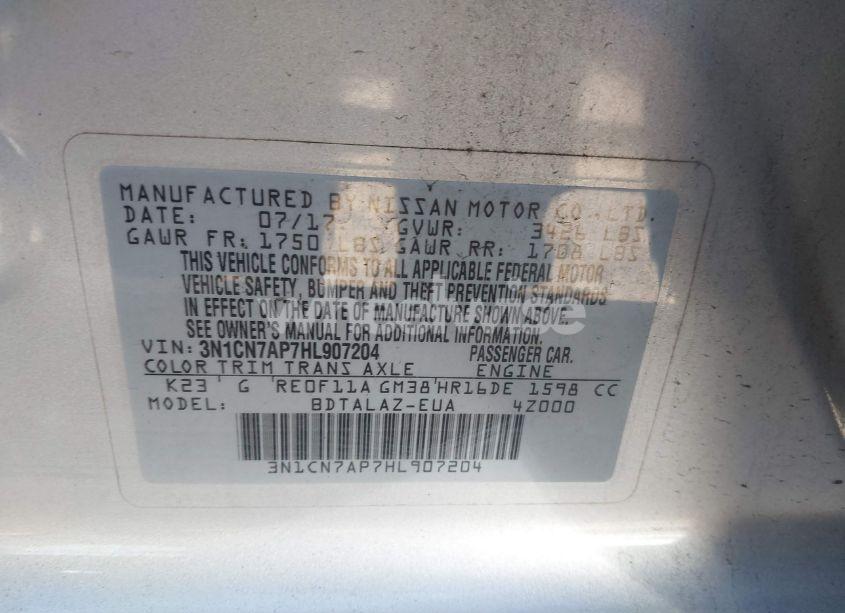 Photo 9 of 2017 Nissan Versa 1.6 S+ (VIN 3N1CN7AP7HL907204)