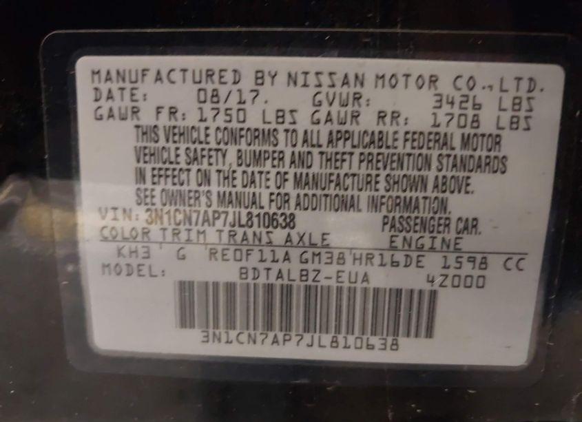 Photo 9 of 2018 Nissan Versa 1.6 SV (VIN 3N1CN7AP7JL810638)