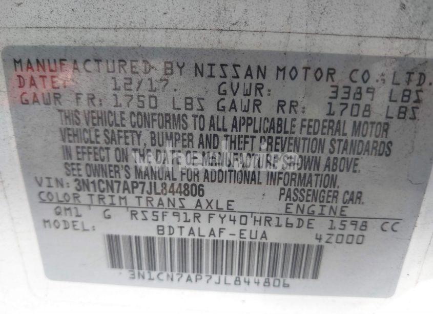 Photo 9 of 2018 Nissan Versa 1.6 S (VIN 3N1CN7AP7JL844806)