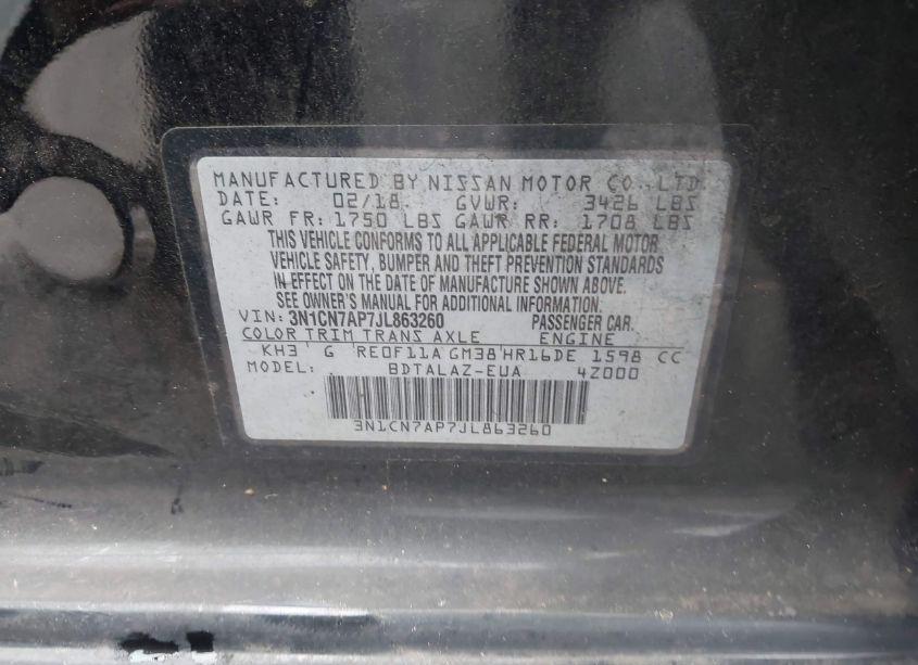 Photo 9 of 2018 Nissan Versa 1.6 S+ (VIN 3N1CN7AP7JL863260)